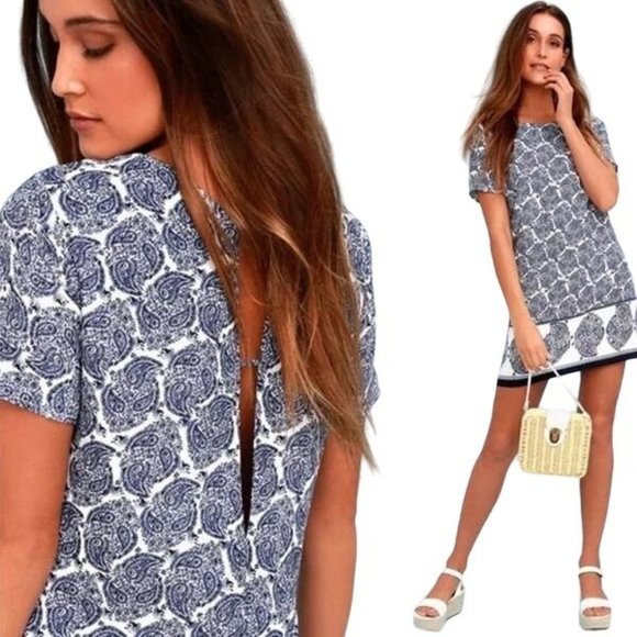 Lulus NWT Taj Mahal Tour Dress Blue/White Paisley Print Shift V-Cut Open Back XL - Picture 7 of 9